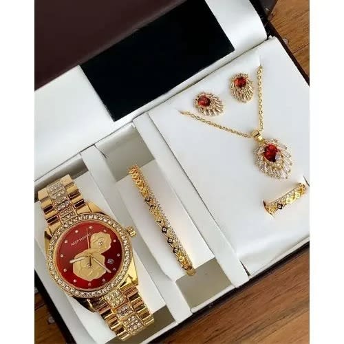Classic Women's Wristwatch + Necklace, Earing, And Bracelet Set