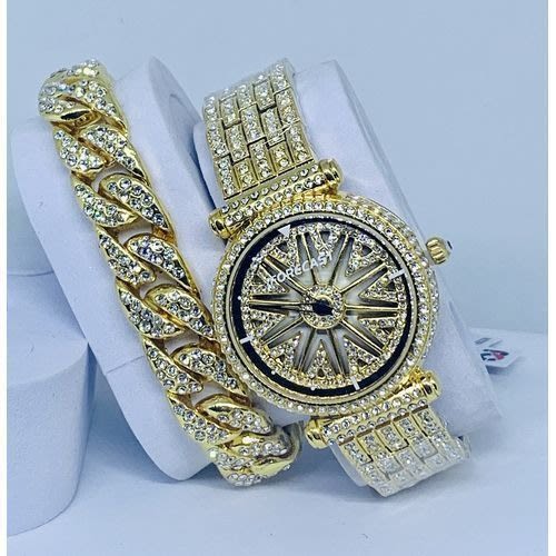 Bold Iced Spinning Watch With Hand Bracelet - Gold
