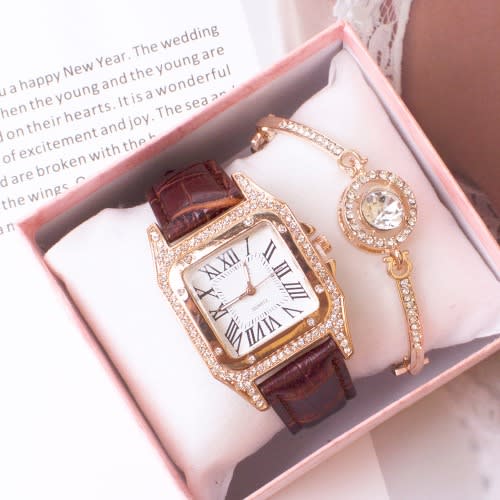 Gold Crystal Watch And Bracelet Jewelry Set