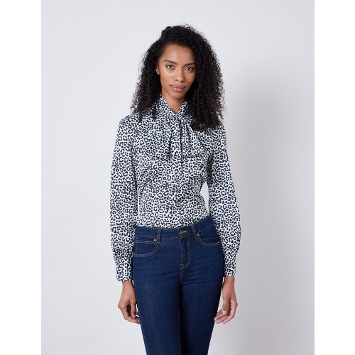 Women's Black & White Leopard Print Satin Blouse - Pussy Bow