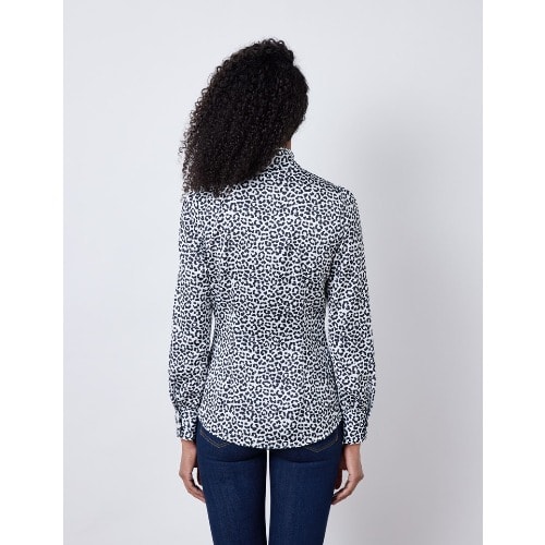 Women's Black & White Leopard Print Satin Blouse - Pussy Bow