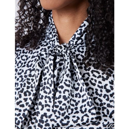 Women's Black & White Leopard Print Satin Blouse - Pussy Bow