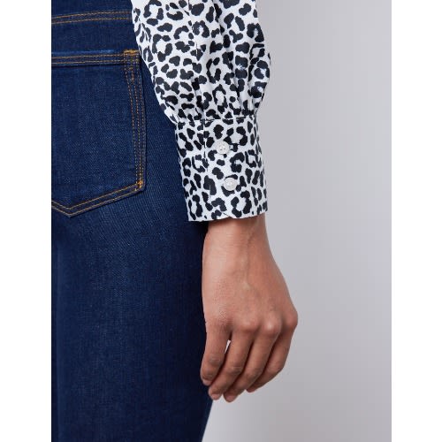 Women's Black & White Leopard Print Satin Blouse - Pussy Bow