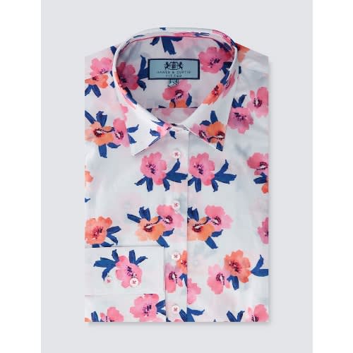 Women's White & Pink Candy Flowers Fitted Shirt - Single Cuff