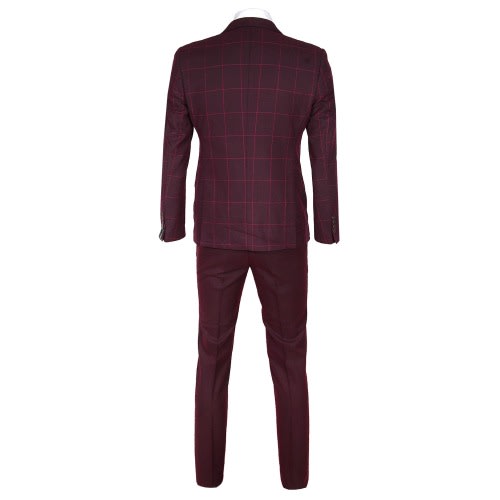 Men's Checked Detailed 2-Piece Pin Lapel Suit With Semi Fitted Plain Trouser - Wine - MS-4739