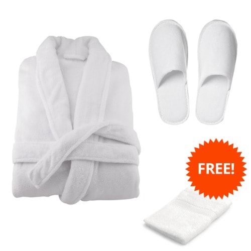 Luxury Soft-Cotton Bathrobe & Comfy Slippers Set With Free Hand Towel - White