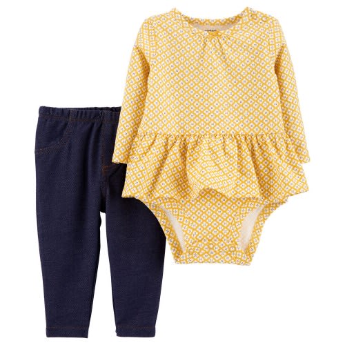 2- Piece Geo Print Peplum Bodysuit Pant Set -9m