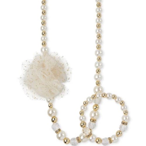 Girl's Flower Beaded Necklace And Bracelet Set - Ivory