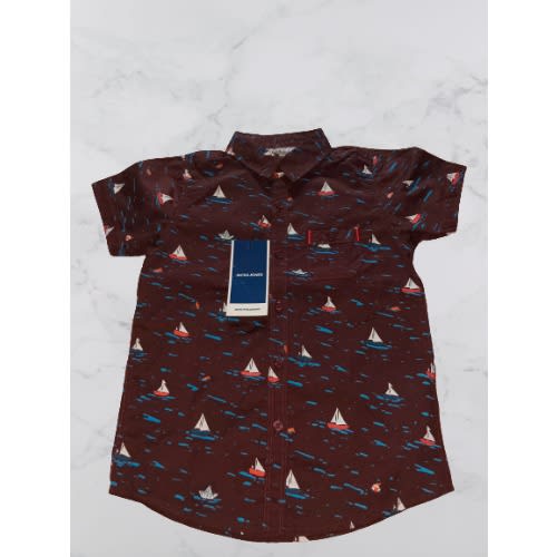 Boys Short Sleeve Button Down Shirt- Brown Print