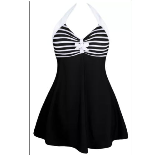 Ladies Stripes Swim dress -1 Piece - Black/ White