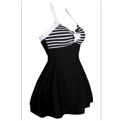 Ladies Stripes Swim dress -1 Piece - Black/ White