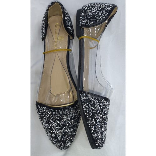 Ladies Bellies Diamante Flat Transparent Pointed Black Shoe