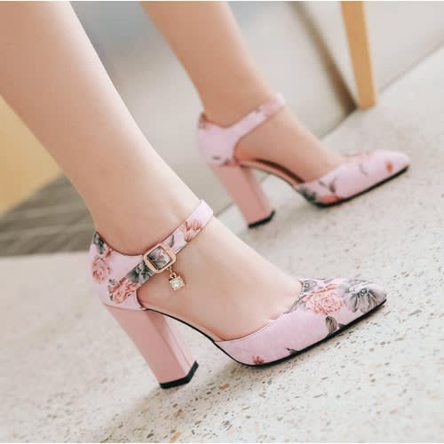 Ankle Block Heel Sandals - Floral - Pink