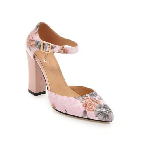 Ankle Block Heel Sandals - Floral - Pink