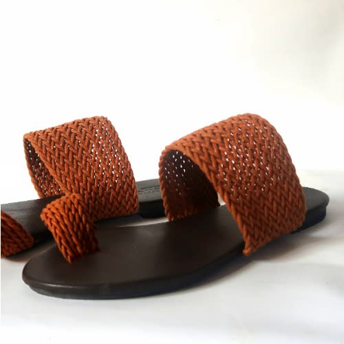 Ladies Matted Lace Toe Ring Flat Slippers - Brown