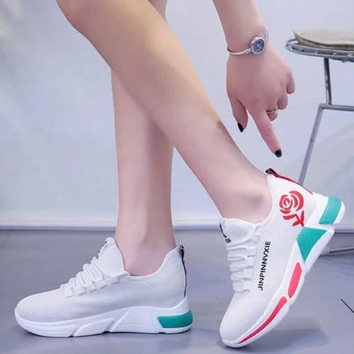 Ladies Classic Casual Fashion Sneakers With Cute Flower - White