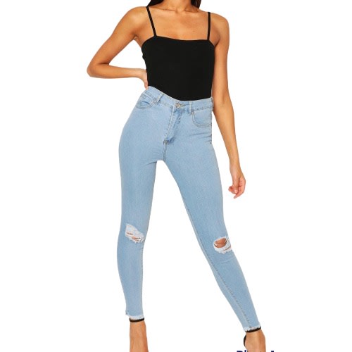 Women High Waisted Frayed Hem Distressed Skinny Jeans- Blue