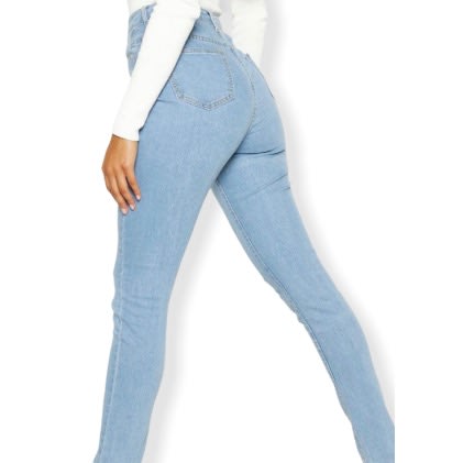 Women High Waisted Frayed Hem Distressed Skinny Jeans- Blue