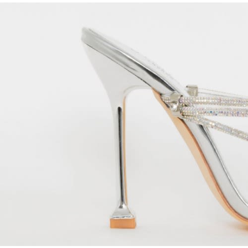 Diamante Square Toe Ladies Heeled Silver Slippers