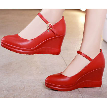 Leather Wedge Cover Shoe-RED