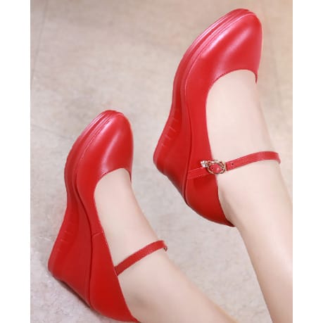 Leather Wedge Cover Shoe-RED