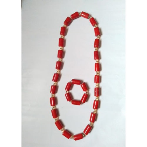 Traditional Crystal Glass Coral Bead Necklace With Bracelet