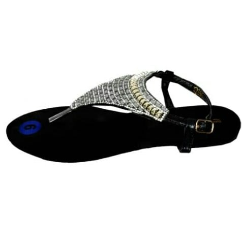 Ladies Flat Embellished Sandal - Black & Silver