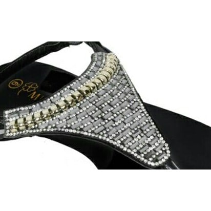 Ladies Flat Embellished Sandal - Black & Silver