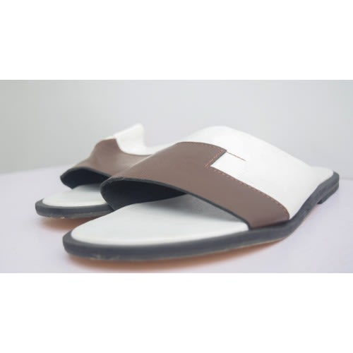 Men's Leather Cover Pam Slippers - Brown + White