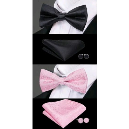 Satin Bowtie, Pocket Square And Cufflinks - Black/pink - 2pcs