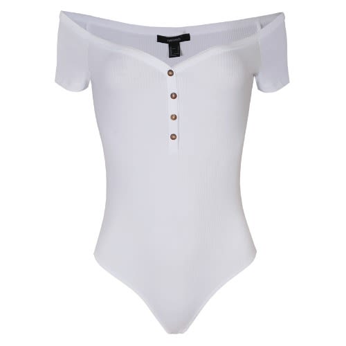 Capsleeve V-neck Buttoned Ribbed Bodysuit -White