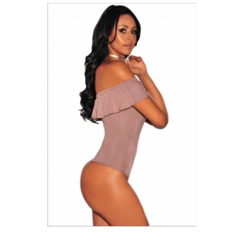 Emfed Taupe Off Shoulder Ruffle Bodysuit