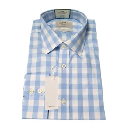 Non Iron Blue & White Large Check Slim Fit Shirt - Single Cuffs