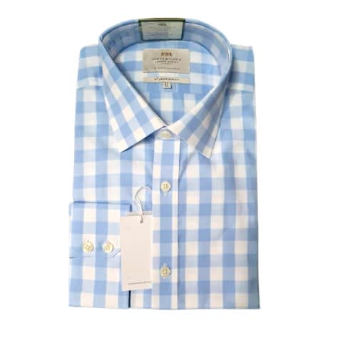 Non Iron Blue & White Large Check Slim Fit Shirt - Single Cuffs