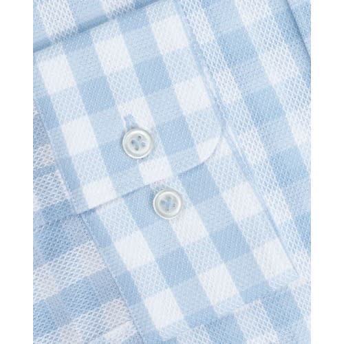 Non Iron Blue & White Large Check Slim Fit Shirt - Single Cuffs