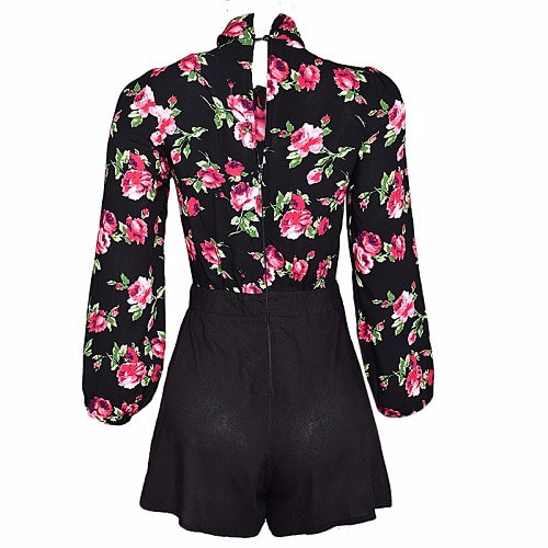 Flower Print Long Sleeve Playsuit- Black