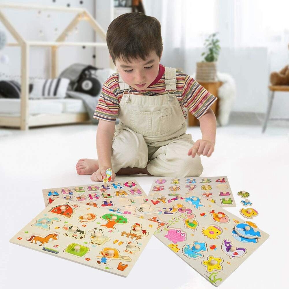 Wooden Peg Puzzles For Toddlers 2 3 Years Old Alphabet & Number Puzzles For Kids,Letters Numbers Animals And Vehicles Learning Toys Gift For Girls And Boys Wild Animal