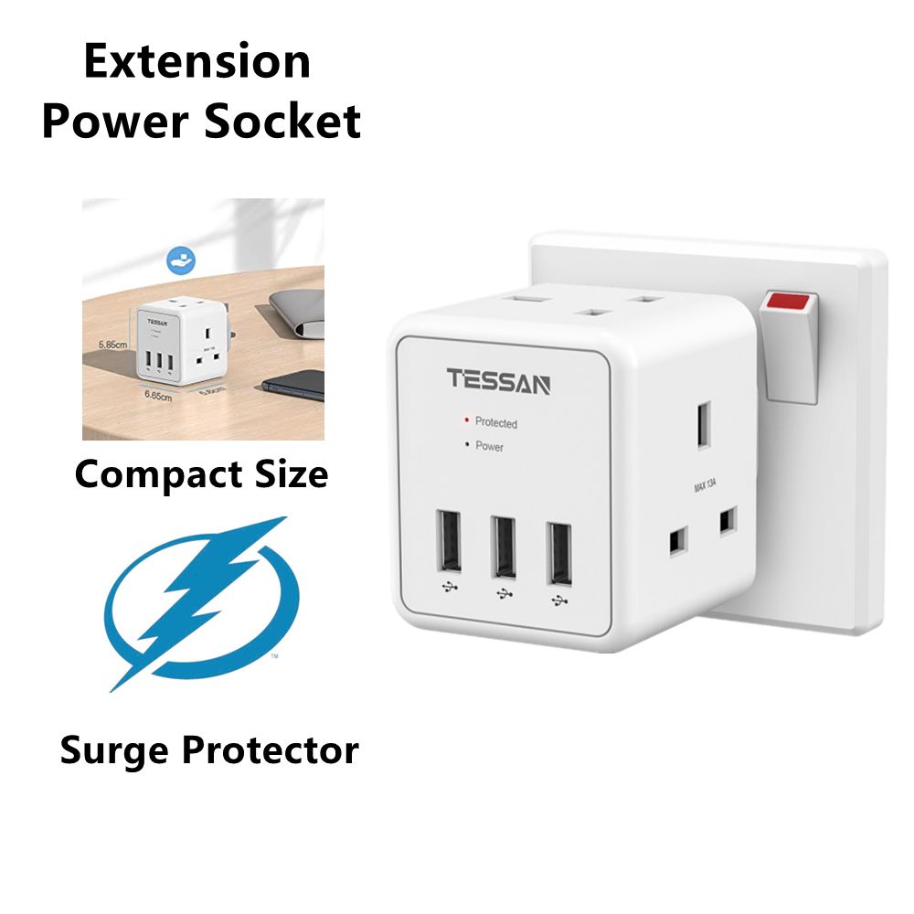 Surge Protector Multi Plug Socket 3USB Charger Power Adapter