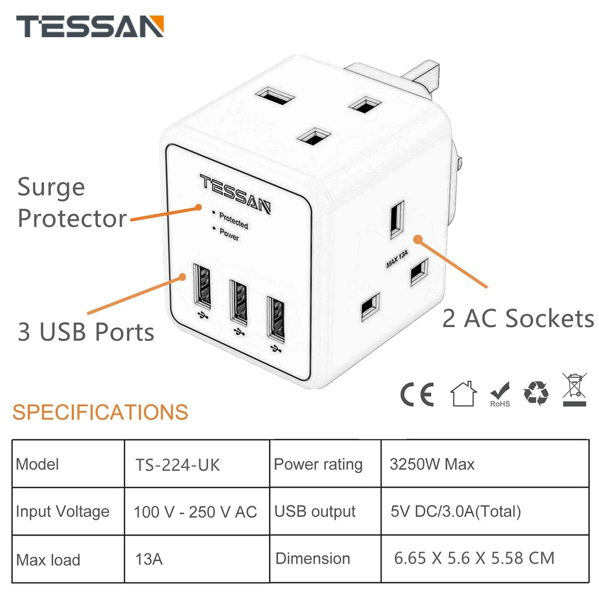 Surge Protector Multi Plug Socket 3USB Charger Power Adapter