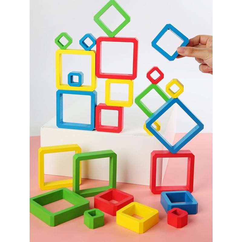 Children Wooden Colored Frame Stacking Building Blocks Toys