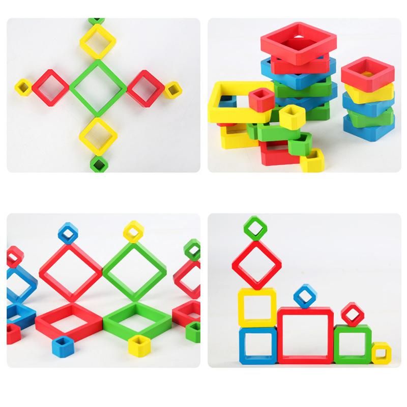 Children Wooden Colored Frame Stacking Building Blocks Toys