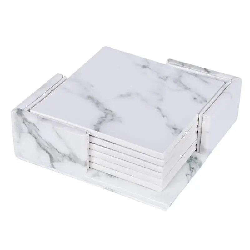 6pcs Creative PU Leather Marble Coaster Drink Coffee Cup Mat Tea Pad Dining Table Placemats Table Black White Chic Decoration