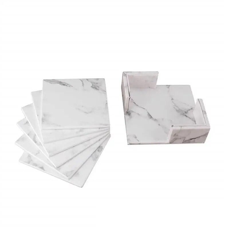6pcs Creative PU Leather Marble Coaster Drink Coffee Cup Mat Tea Pad Dining Table Placemats Table Black White Chic Decoration