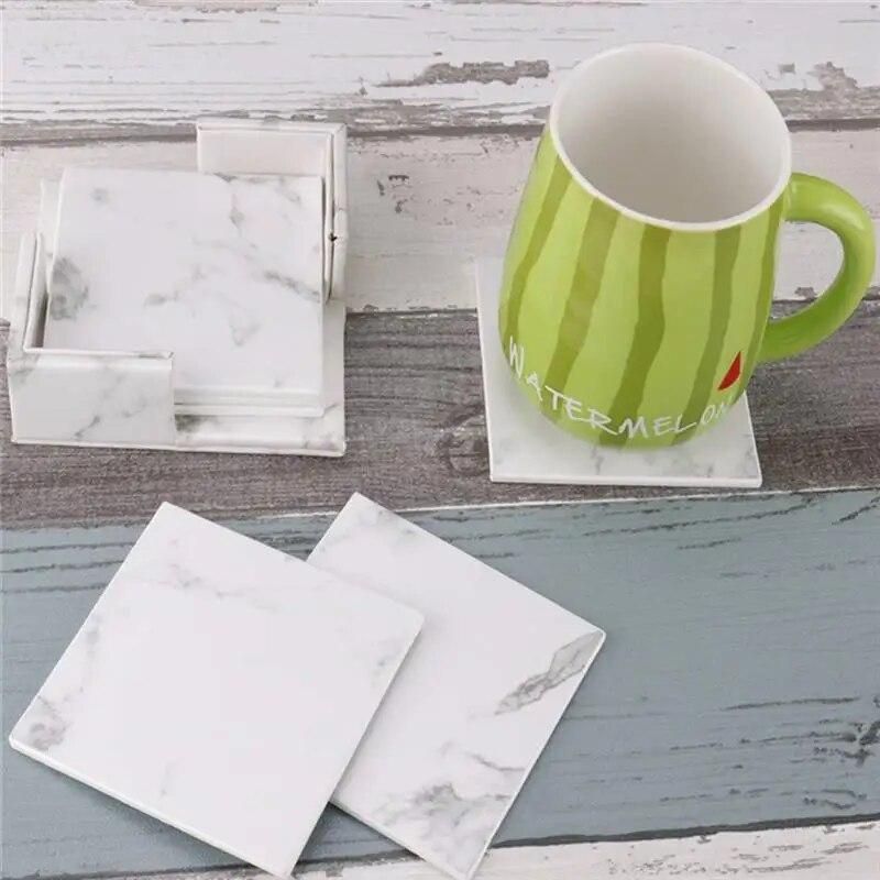 6pcs Creative PU Leather Marble Coaster Drink Coffee Cup Mat Tea Pad Dining Table Placemats Table Black White Chic Decoration