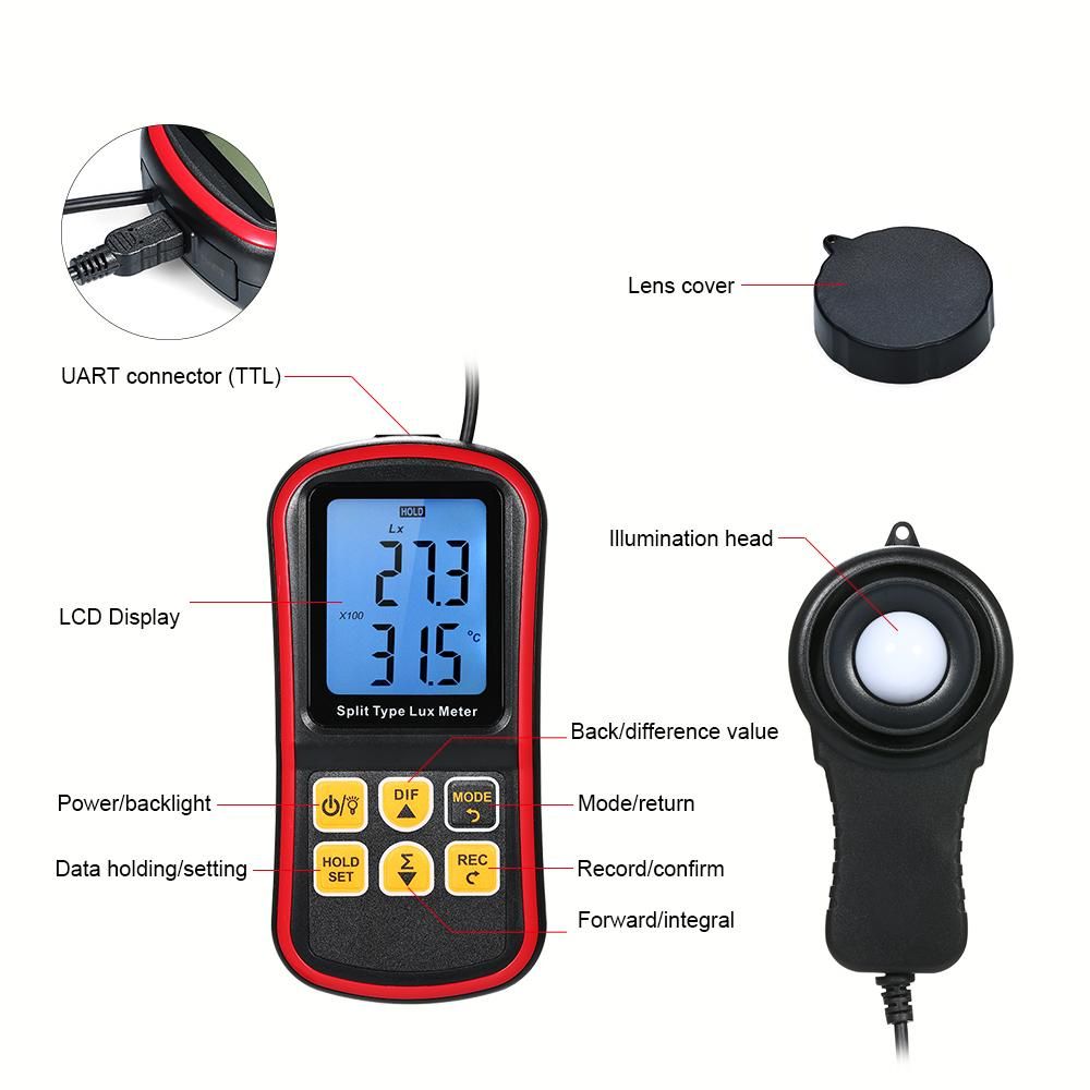 Digital Lux Meter BT Photometer Luxmeter Split Type LCD Handheld Illuminometer Luminometer Light Meter 0-200000 Lux with Mobile APP Connection and Max/Min/Difference Value Data Hold Mode