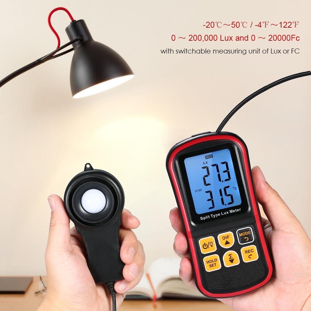 Digital Lux Meter BT Photometer Luxmeter Split Type LCD Handheld Illuminometer Luminometer Light Meter 0-200000 Lux with Mobile APP Connection and Max/Min/Difference Value Data Hold Mode