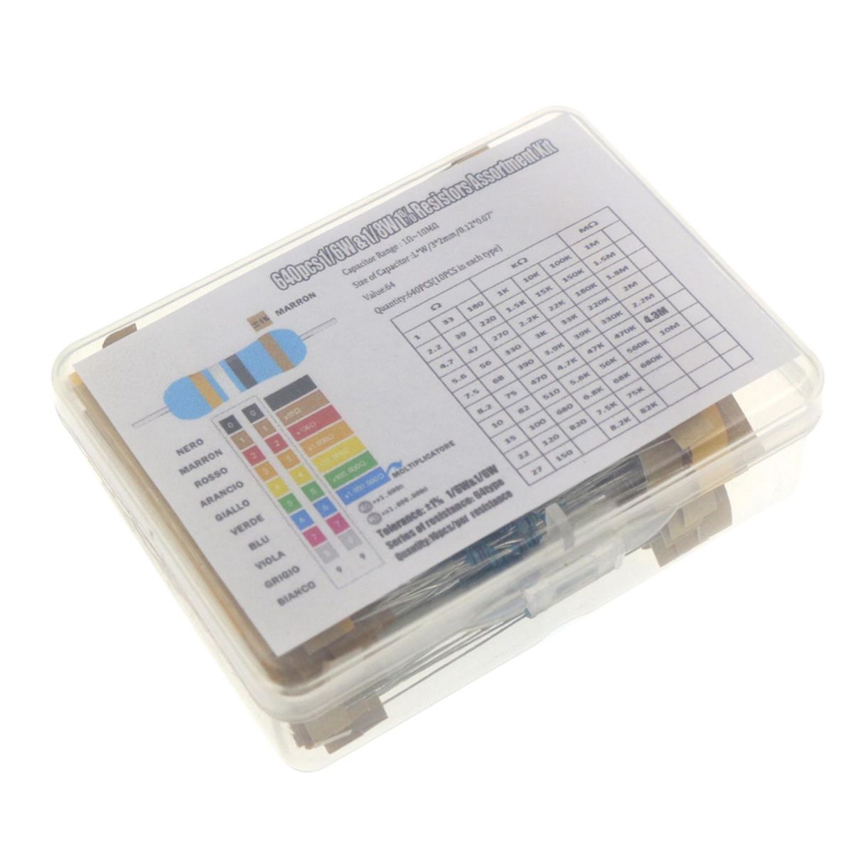 640pcs 1/6W 1% Carbon Film Resistors Kit 1 Ohm - 10M Ohm 64 Values Metal Resistors with Individually Labeled