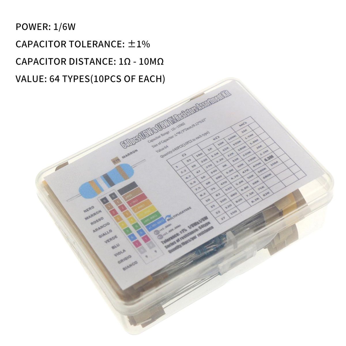 640pcs 1/6W 1% Carbon Film Resistors Kit 1 Ohm - 10M Ohm 64 Values Metal Resistors with Individually Labeled