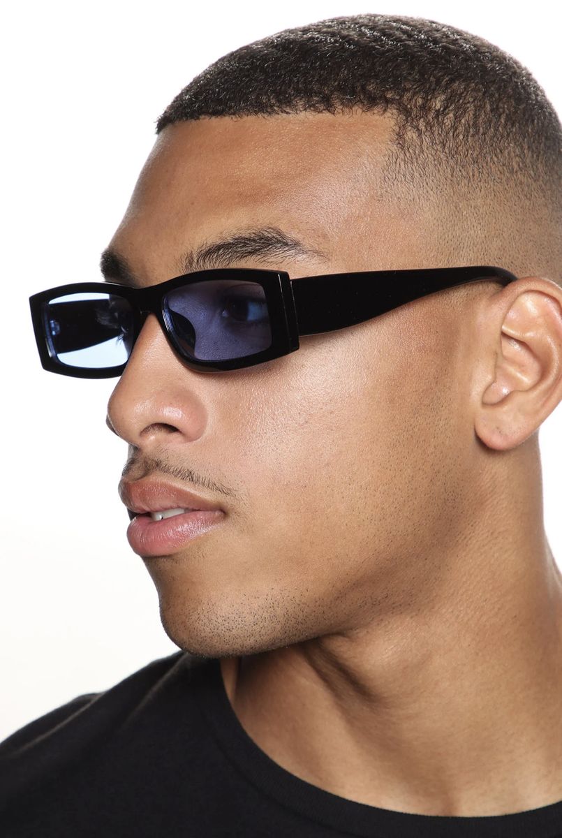 Black Rectangular Frame With Blue Lens Sunglasses