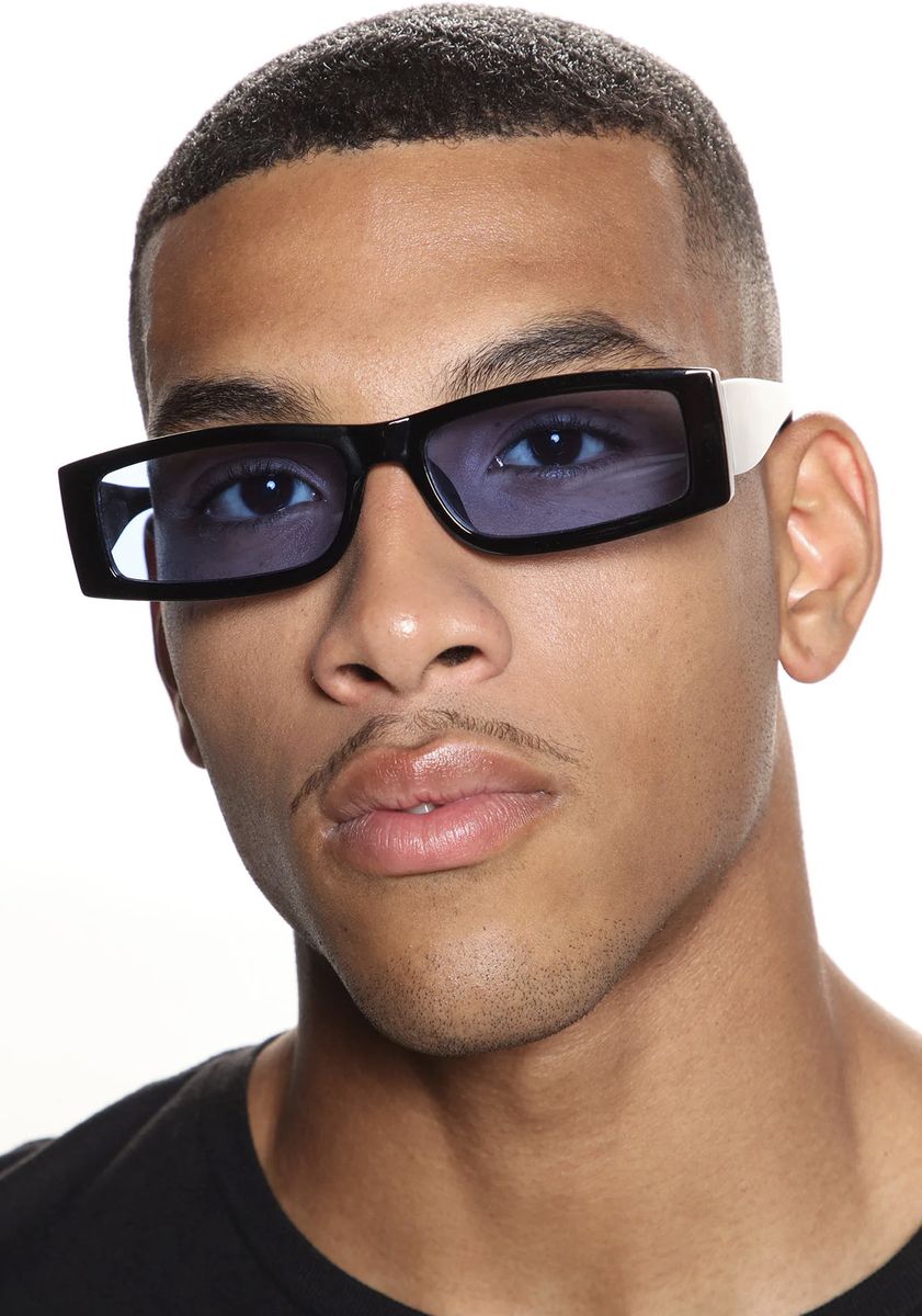 Black Rectangular Frame With Blue Lens Sunglasses